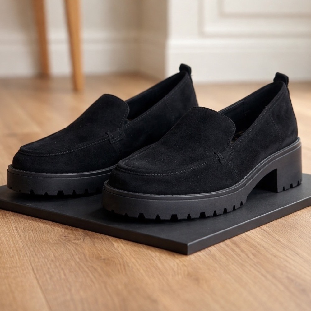 Hush Puppies Women Black Suede Platform Lug Sole Lucy Loafers HW06864-001 Size 6
